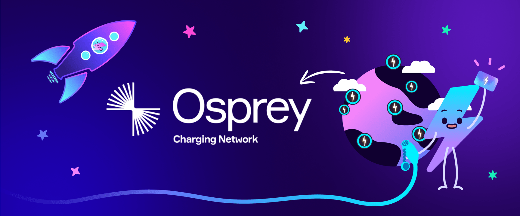 Illustration of a smiling character charging a globe with electric icons, next to a rocket, stars, and the text "Osprey Charging Network."