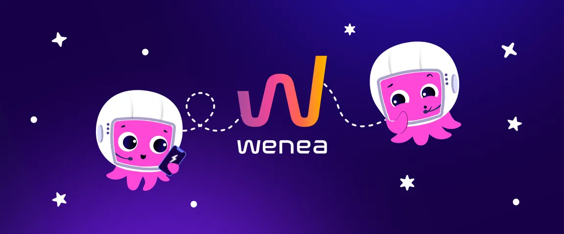 Lindos pulpos rosas con casco flotando en el espacio, conectados por una línea ondulada que forma la «W» de «wenea» sobre un fondo azul oscuro con estrellas.