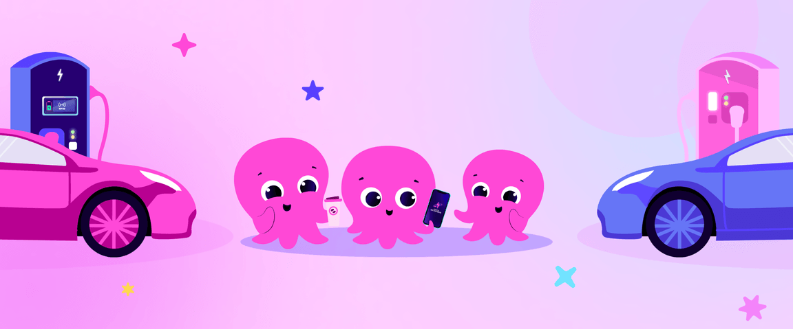 Three pink octopuses holding gadgets smile between two electric cars in a colourful, starry background.