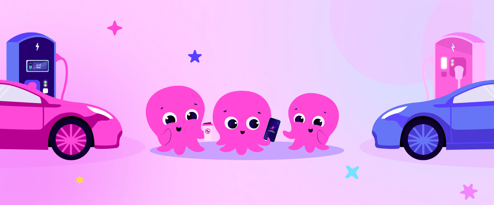Three pink octopuses holding gadgets smile between two electric cars in a colourful, starry background.