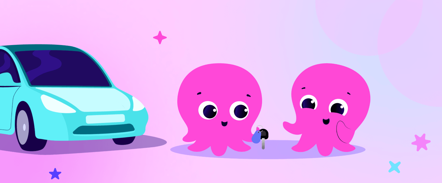 Dois polvos cor-de-rosa fofos a segurar uma chave de carro perto de um carro azul sobre um fundo roxo pastel com estrelas.