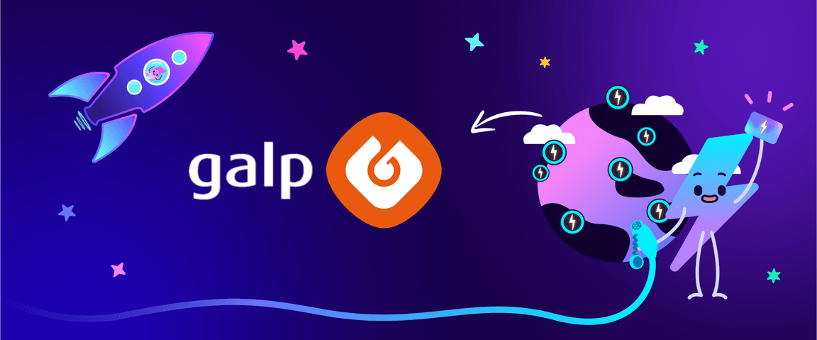 Ilustração de um foguete, logótipo da Galp e uma personagem de desenho animado a carregar um globo com ícones de energia num fundo roxo.