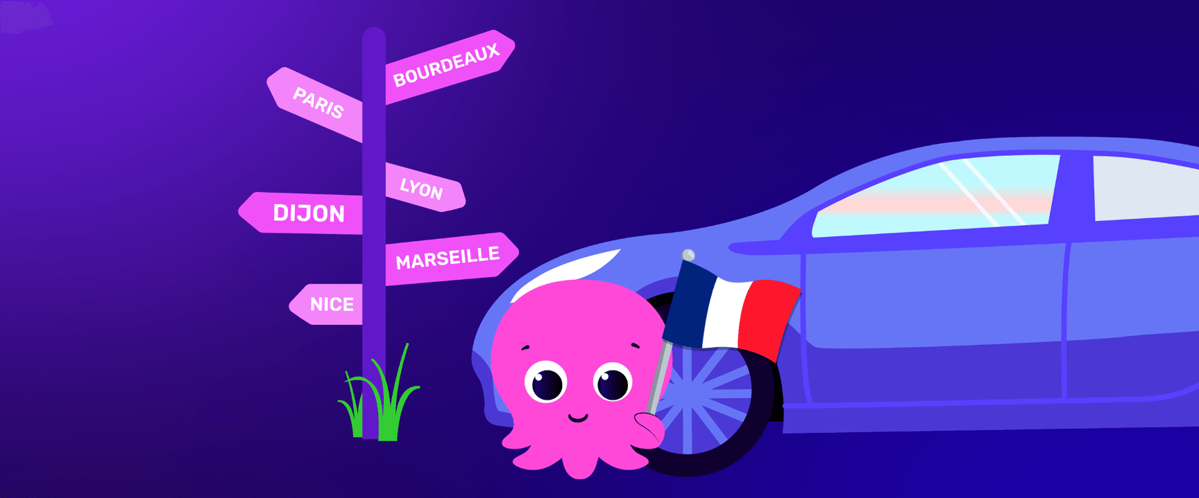 A cute pink octopus with a French flag stands by a blue electric vehicle. Nearby is a signpost pointing to Paris, Bordeaux, Lyon, Marseille, Dijon, and Nice.