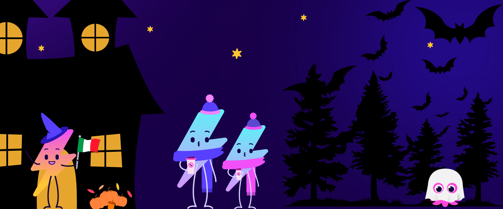 Scena di Halloween in stile cartone animato con una strega, due personaggi di caramelle, pipistrelli, alberi, stelle e un fantasma vicino a una casa stregata.