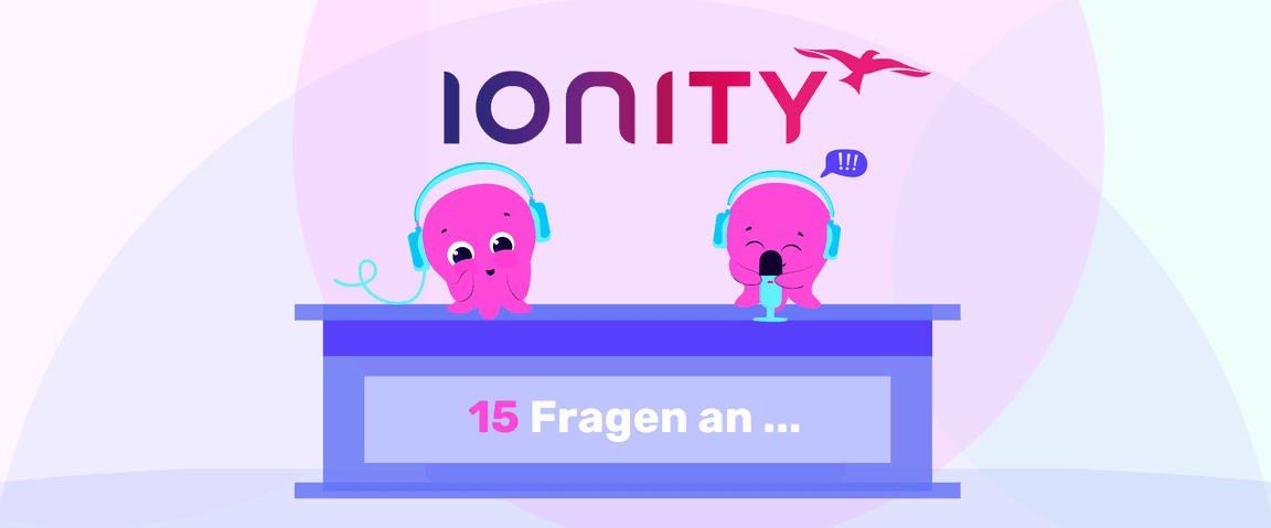 Zwei rosafarbene Oktopusse mit Kopfhörern, einer spricht in ein Mikrofon, unter dem „IONITY“-Logo. Der Text lautet: „15 Fragen an ...“.