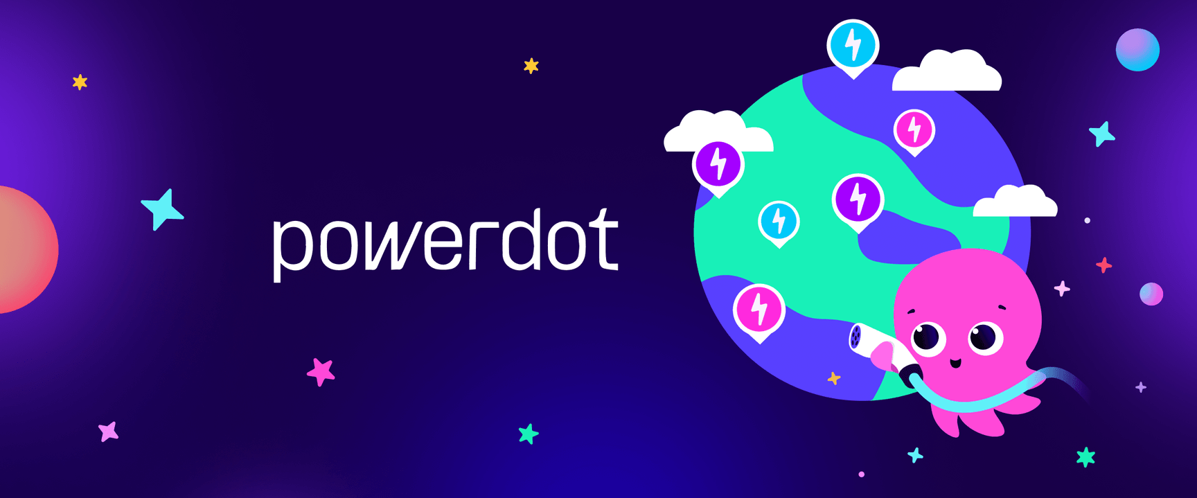 Une adorable pieuvre rose tient un câble de recharge près d'un globe terrestre. Le logo « powerdot » apparaît sur un fond violet étoilé.