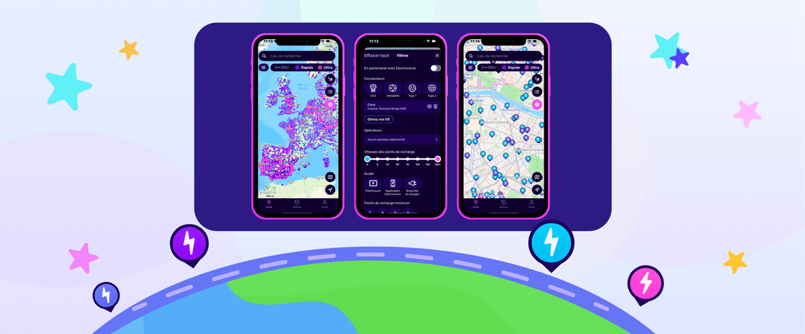 Trois smartphones affichent l'application Electroverse avec des cartes et des itinéraires, sur un fond coloré avec des étoiles et des icônes électriques.