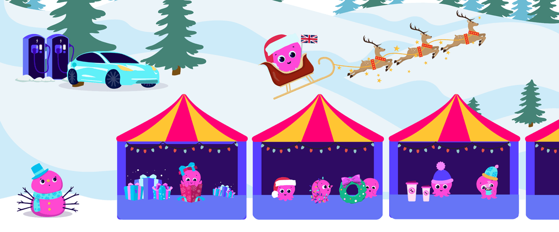 Cartoon winter market with pink octopus characters in festive stalls, sleigh pulled by reindeer overhead, snowy trees and an EV charging station.
