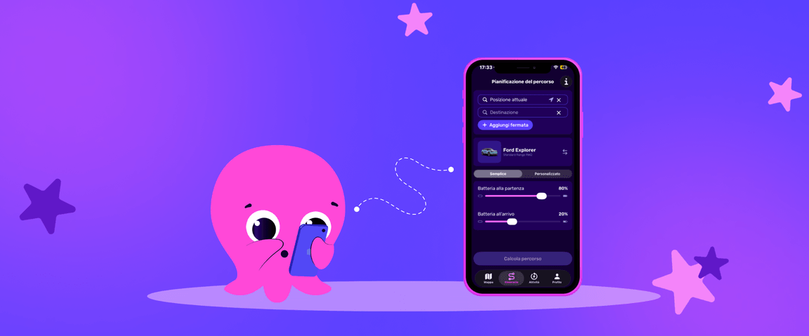 Un polpo rosa dei cartoni animati guarda uno smartphone che mostra un'app per la pianificazione di viaggi, su uno sfondo viola con stelle rosa.