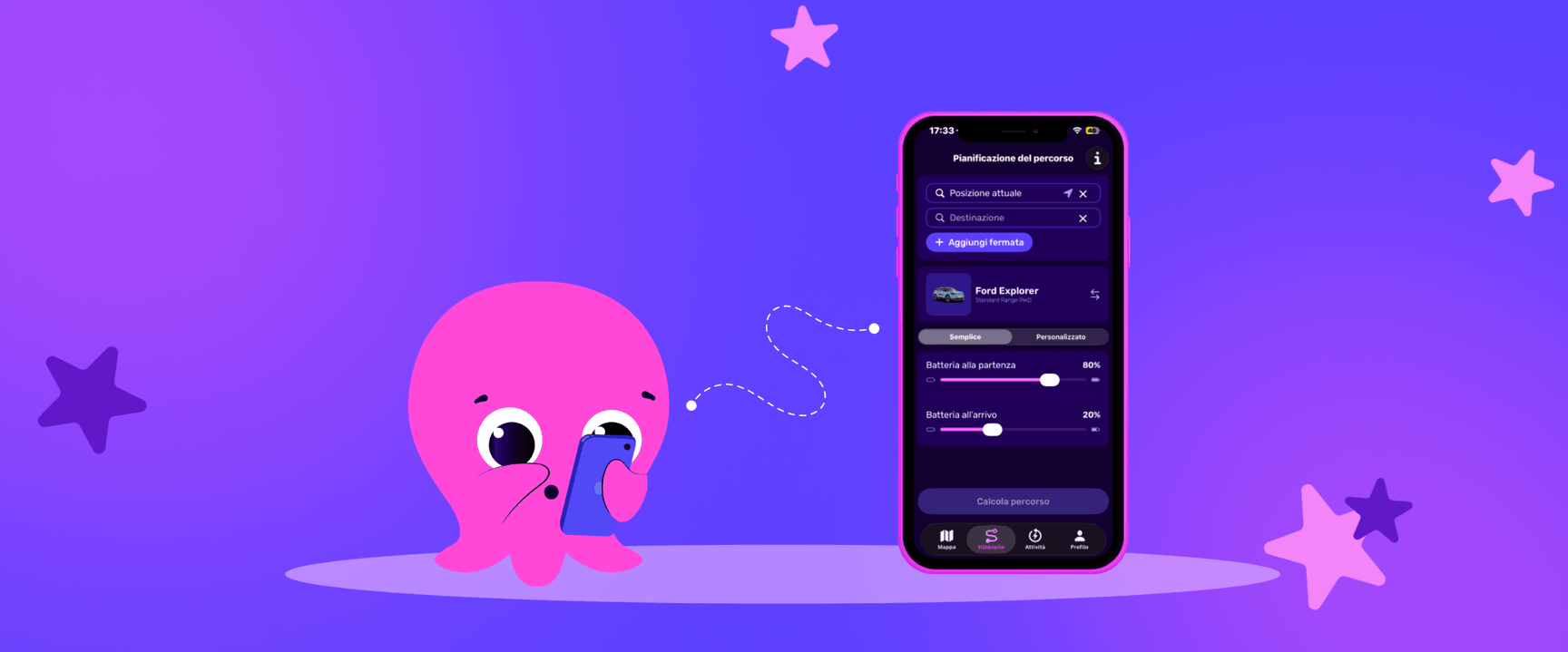 Un polpo rosa dei cartoni animati guarda uno smartphone che mostra un'app per la pianificazione di viaggi, su uno sfondo viola con stelle rosa.