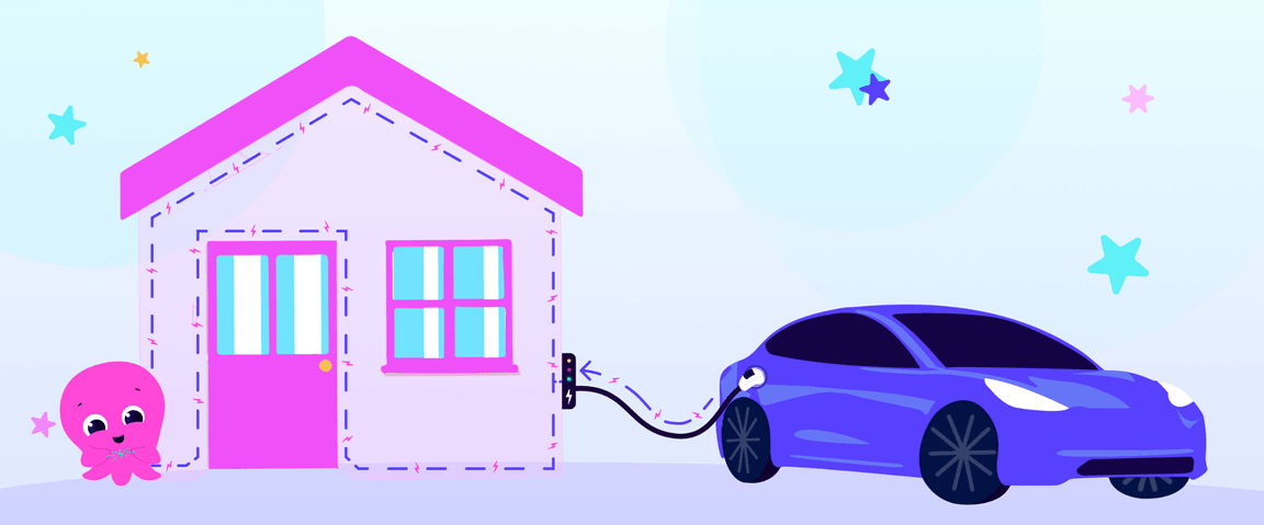 A cute pink octopus near a house charges an electric car with colorful stars in the background.