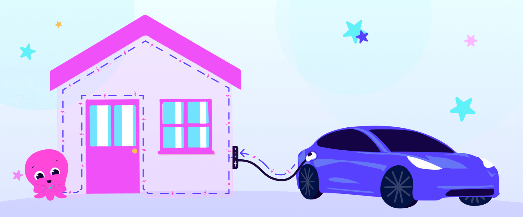 A cute pink octopus near a house charges an electric car with colorful stars in the background.