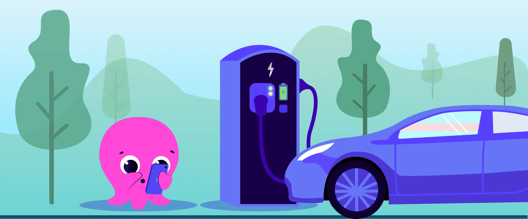 Une pieuvre rose de dessin animé, regardant un téléphone, se tient à côté d'une voiture électrique en train de charger à une borne bleue, entourée d'arbres stylisés.