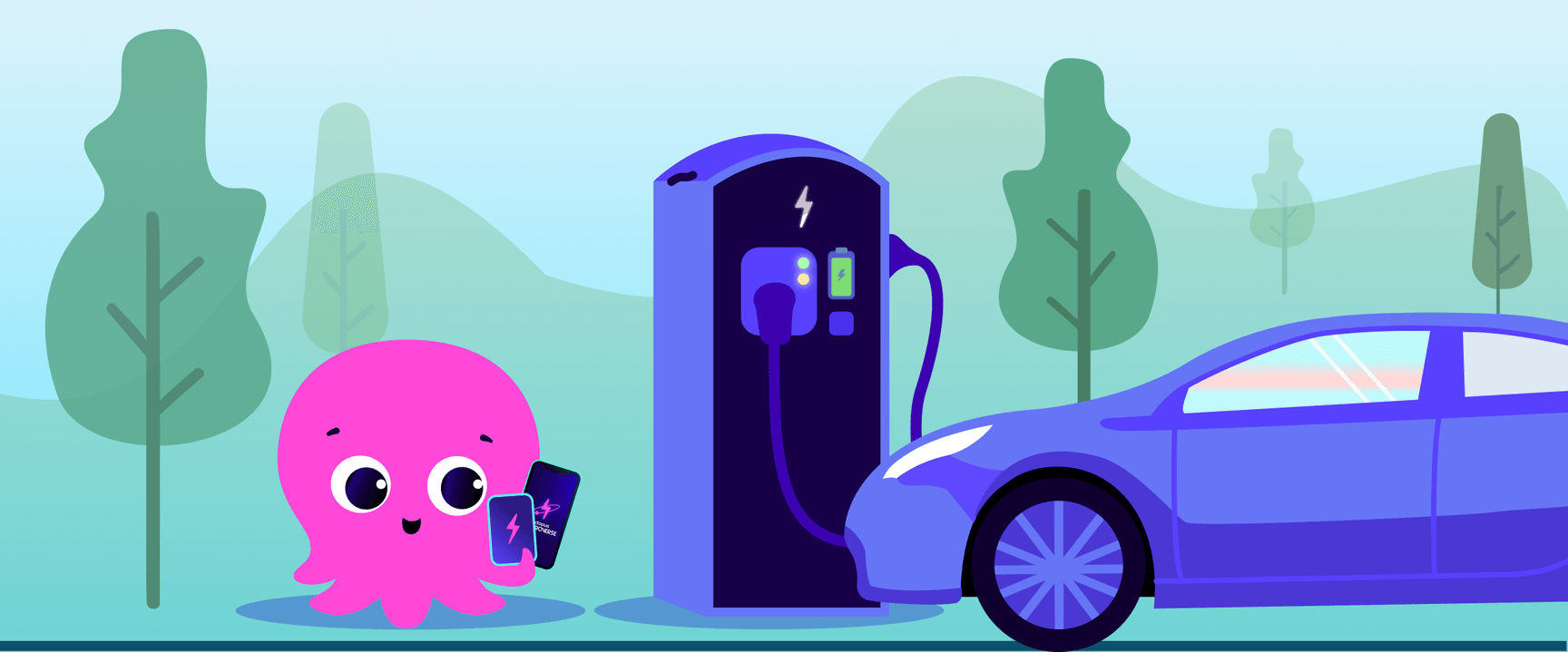 Un grazioso polpo rosa, che tiene in mano uno smartphone e una tessera di ricarica, si trova accanto a un'auto elettrica in carica presso una colonnina, con degli alberi sullo sfondo.