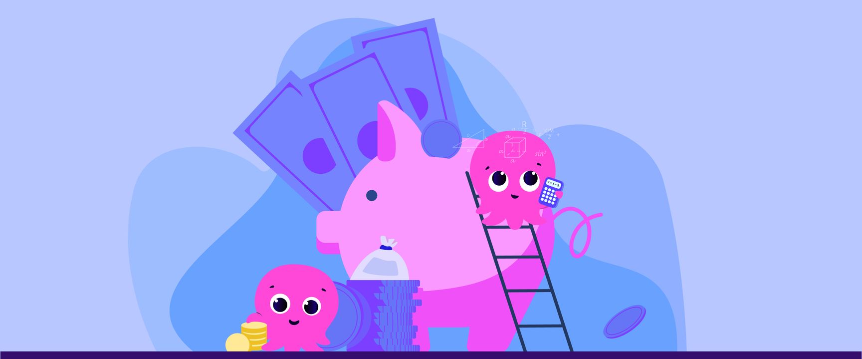 Des pieuvres de dessin animé avec une tirelire et de l'argent, l'une tenant des pièces, l'autre grimpant à une échelle avec une calculatrice.