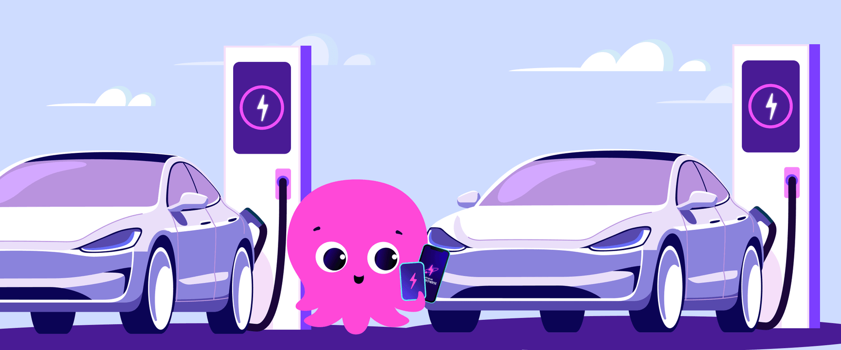 A cute pink octopus holding a smartphone and charging card between two electric cars charging at stations, with a blue sky in the background.