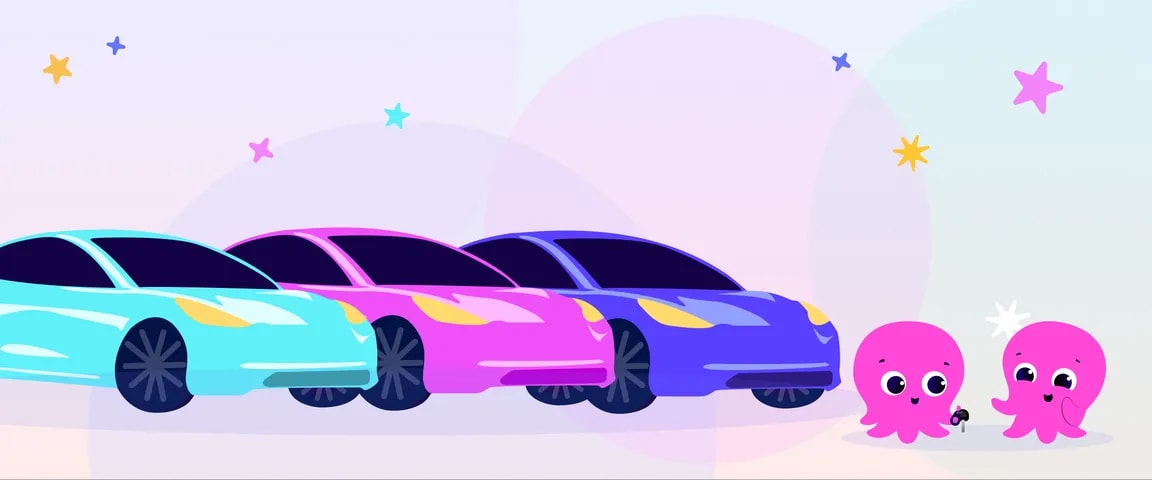 Trois voitures colorées à côté de deux poulpes roses de dessin animé tenant une clé de voiture, sur un fond étoilé aux tons pastel.