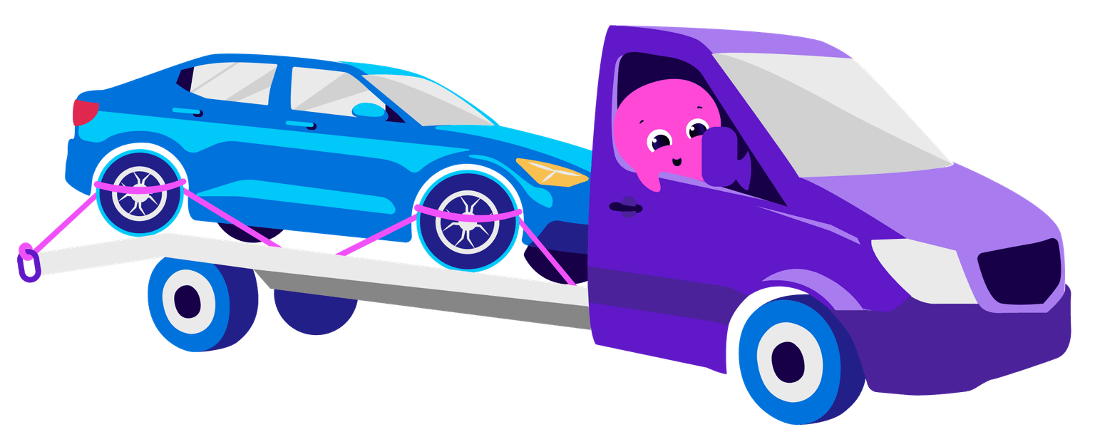 A purple tow truck with a pink driver character is pulling a blue car secured with pink straps.