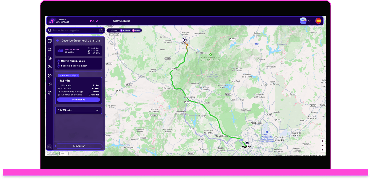 A digital map on a screen shows a route with a green line. Side panel displays travel details and options.
