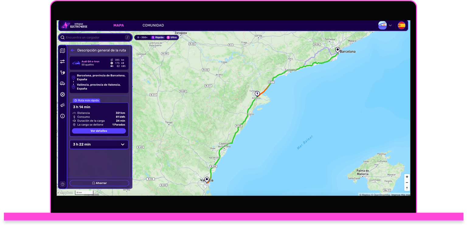 Map on a computer screen showing a route from Barcelona to Valencia along the coast, with details like distance and time on the left panel.