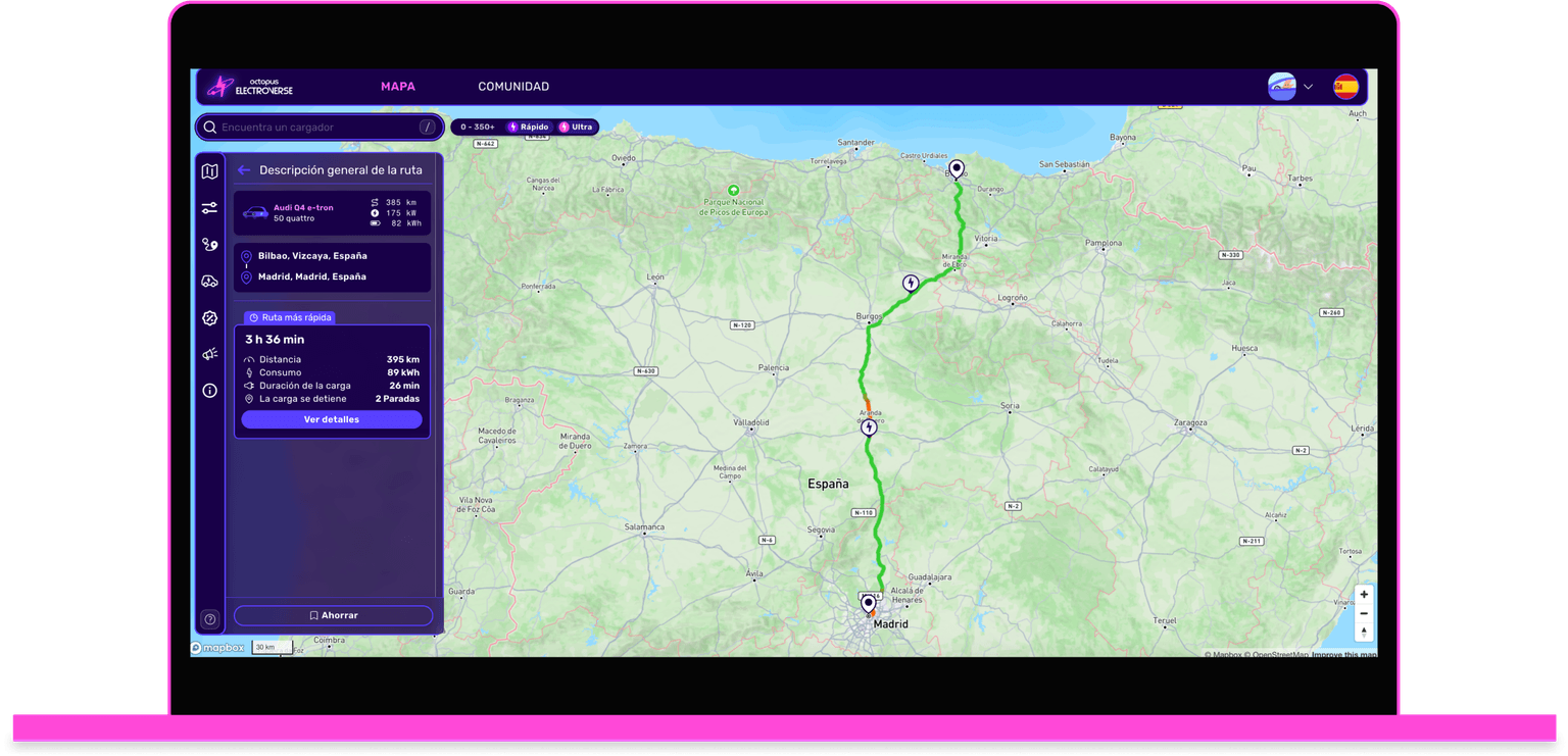 Map showing a route from Bilbao to Madrid, Spain, with details on the left panel. The background is a detailed map of the region.