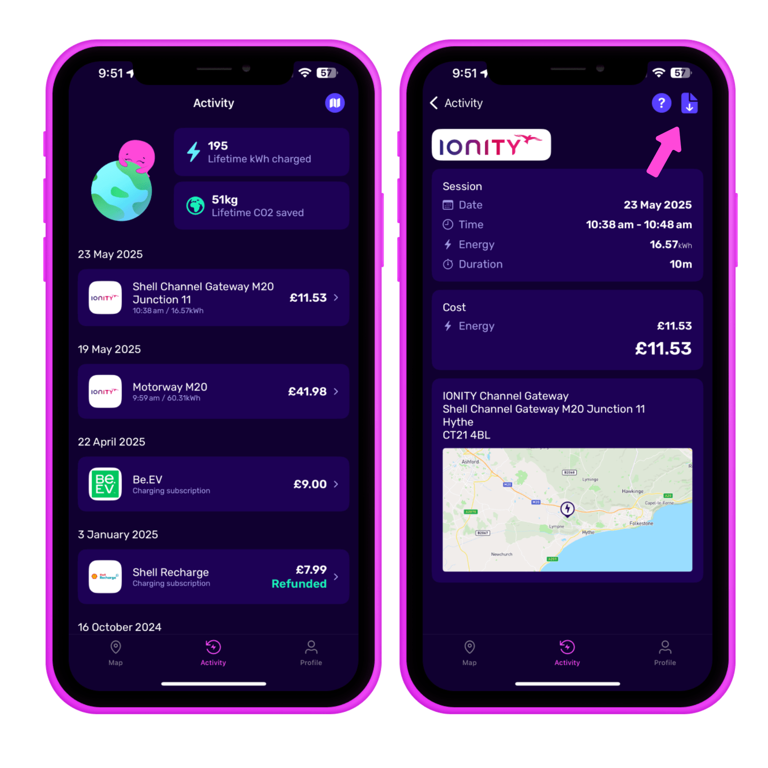 Two smartphone screens display an electric vehicle charging app interface with charging details, costs, and environmental impact.