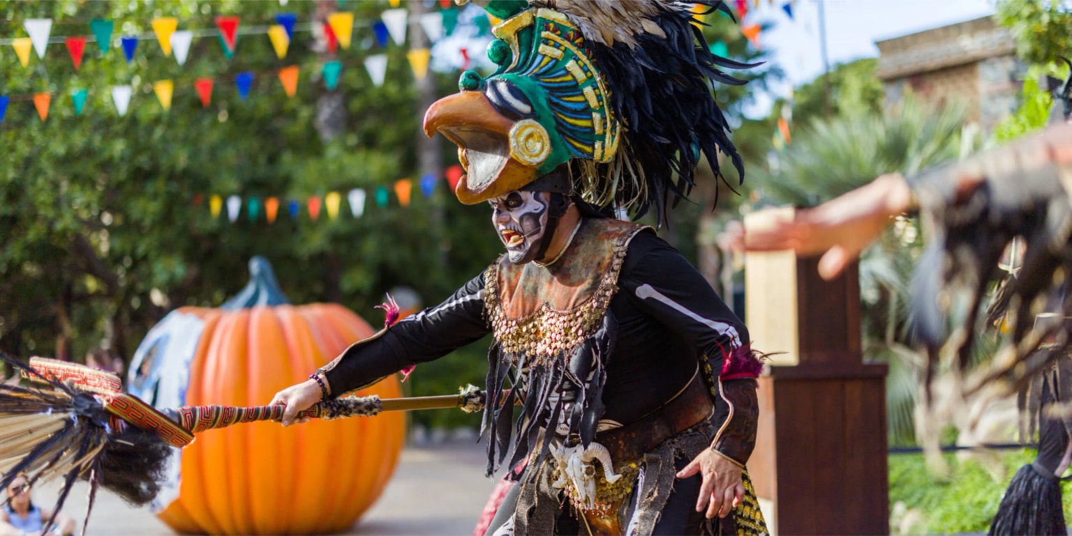 A person in a vibrant costume and face paint, holding a staff, performs in front of a large pumpkin and colourful bunting decorations.