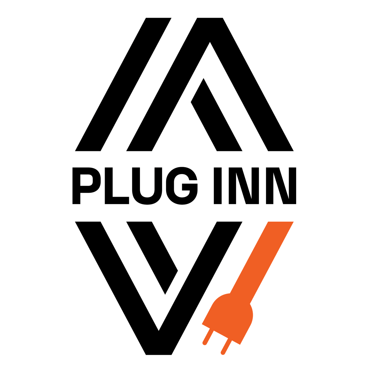 Geometric logo with "PLUG INN" text in black and an orange plug symbol.
