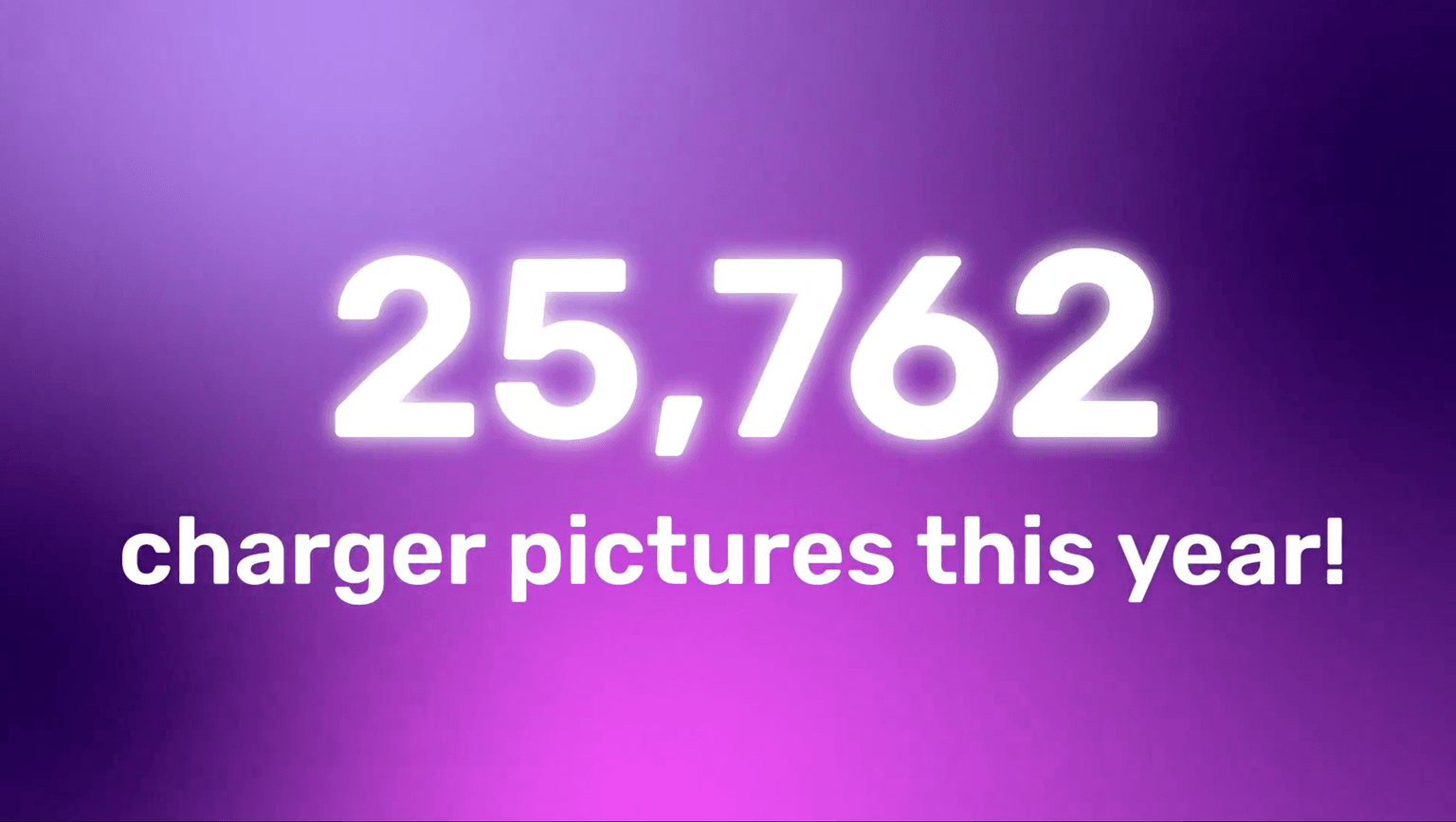 Glowing text reads "25,762 charger pictures this year!" on a purple gradient background.