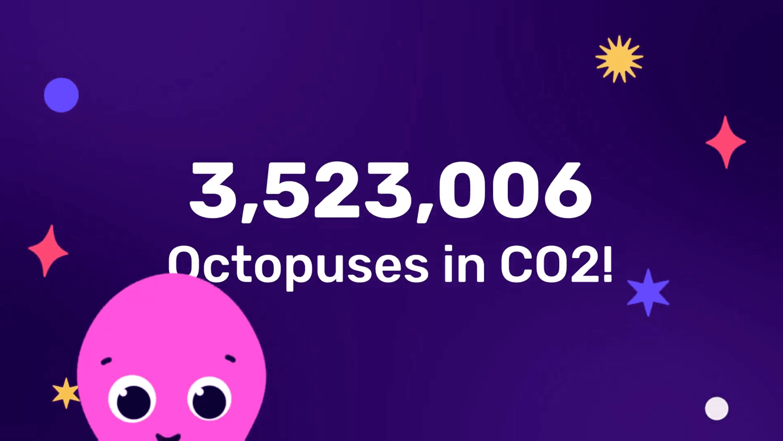 Purple background with text "3,523,006 Octopuses in CO2!" surrounded by colourful cartoon shapes and a smiling pink octopus.