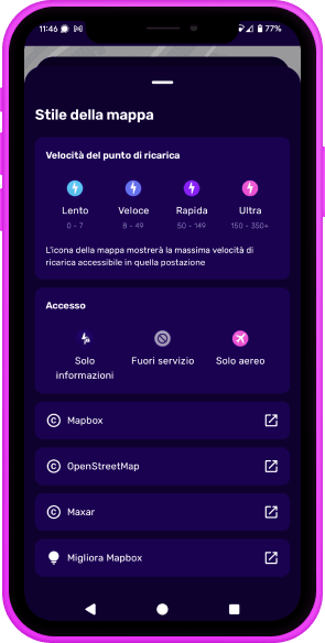 Interfaccia dell'app Electroverse che mostra le informazioni relative ai pin di ricarica, come la velocità di ricarica in kW.