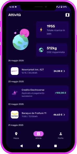 Schermo di uno smartphone che mostra un'app in italiano con statistiche sul consumo energetico, date e transazioni, con l'immagine di un pianeta Terra sorridente.