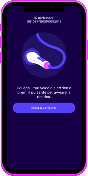 Schermo di uno smartphone che mostra l'interfaccia di un'app per la ricarica di veicoli elettrici con il pulsante “Avvia ricarica” e l'ID del caricabatterie visualizzati.