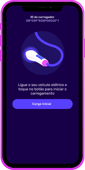 Ecrã de smartphone a mostrar uma aplicação de carregamento de veículos elétricos com um ícone de cabo, ID do carregador e um botão «Iniciar carregamento».