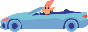 Personaggio dei cartoni animati a forma di fulmine che guida un'auto elettrica blu decappottabile, sorridente.
