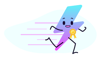 Un fulmine sorridente e antropomorfo con una medaglia d'oro, che corre energicamente e ha delle linee di movimento dietro di sé.