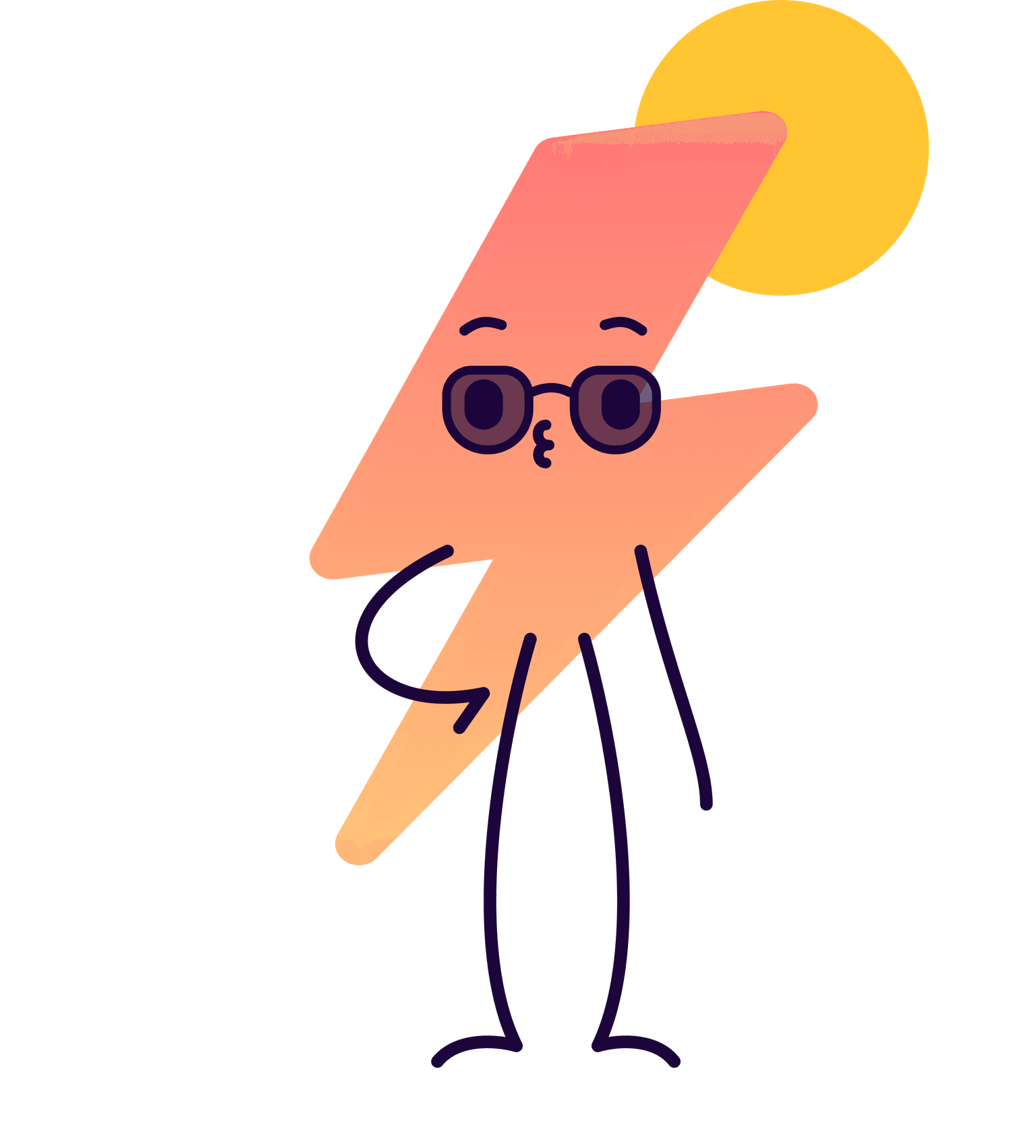Personaggio dei cartoni animati a forma di fulmine con occhiali da sole, espressione pensierosa e un cerchio giallo dietro, che ricorda il sole.