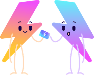 Due personaggi dei cartoni animati a forma di fulmine, uno rosa e uno blu, che tengono in mano una piccola scheda di ricarica per auto elettrica e hanno un'espressione felice.