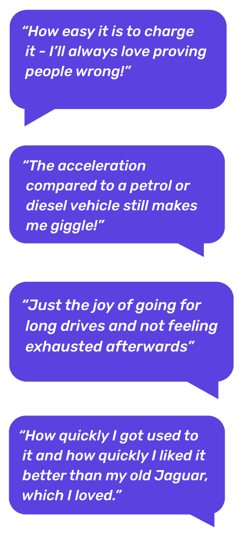 Four speech bubbles with positive statements about electric vehicles, highlighting charging ease, acceleration, long drives, and overall enjoyment.