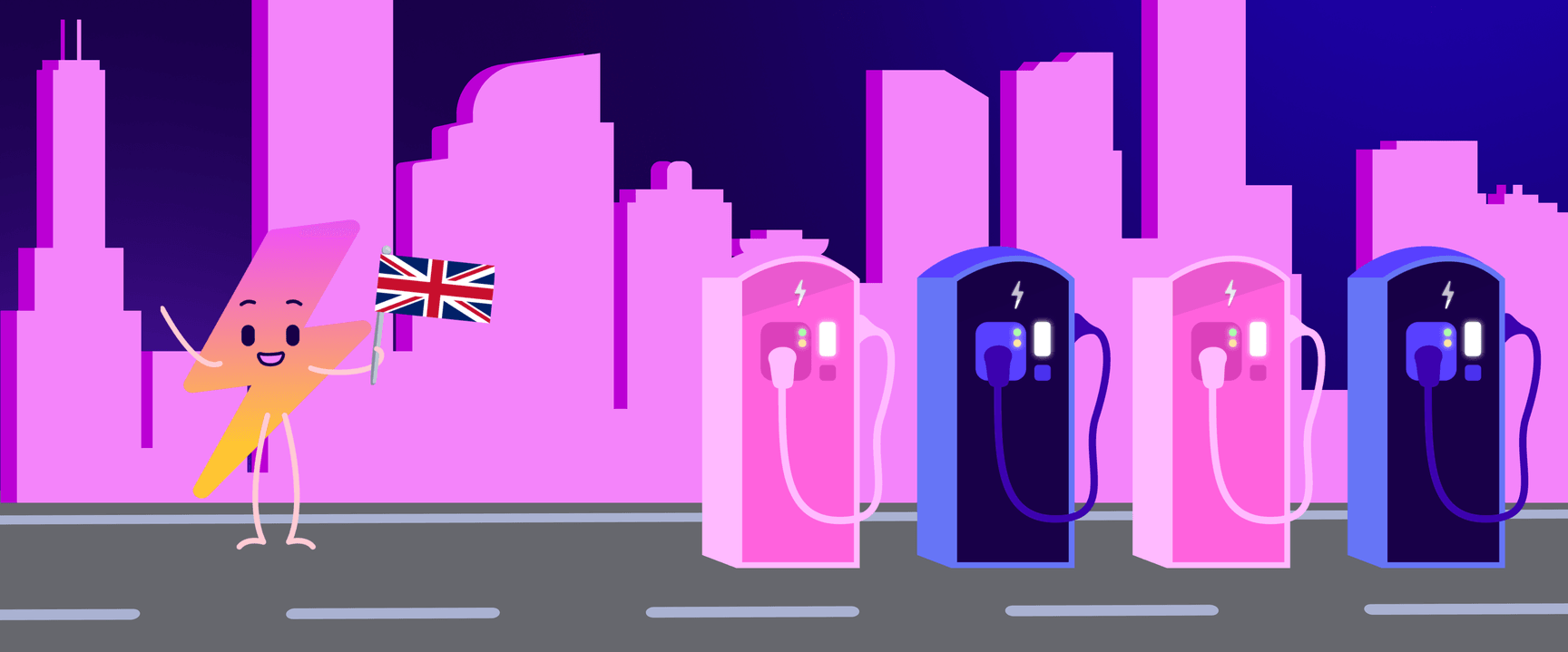 Cartoon lightning bolt character with a UK flag stands near colorful electric vehicle charging stations against a pink cityscape.