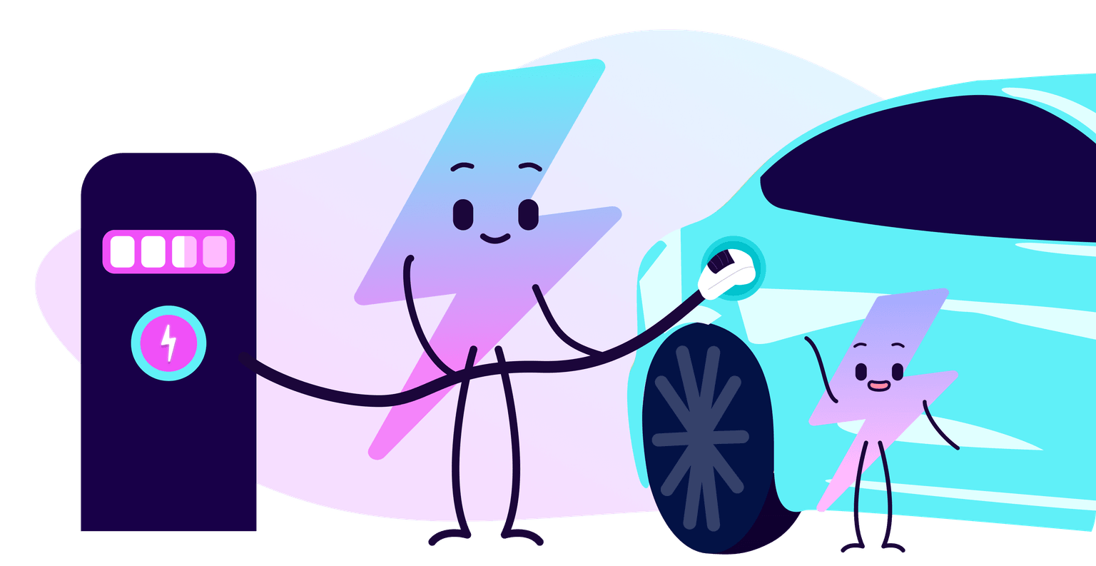 Personaggi dei cartoni animati raffiguranti fulmini che caricano un'auto elettrica presso una stazione di ricarica, con un design giocoso e colorato.