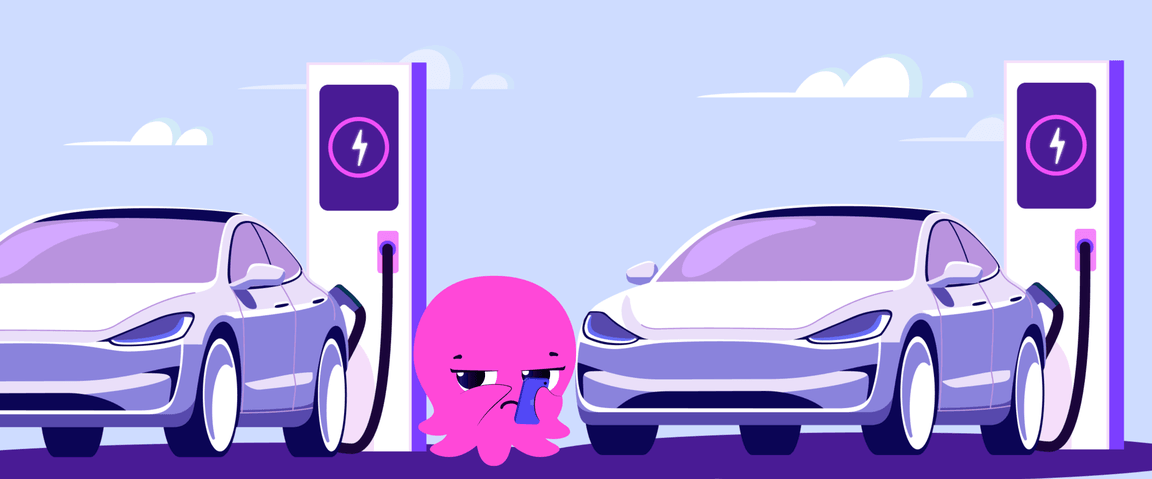 Cartoon octopus using a phone, standing between two charging electric cars under a blue sky with clouds.