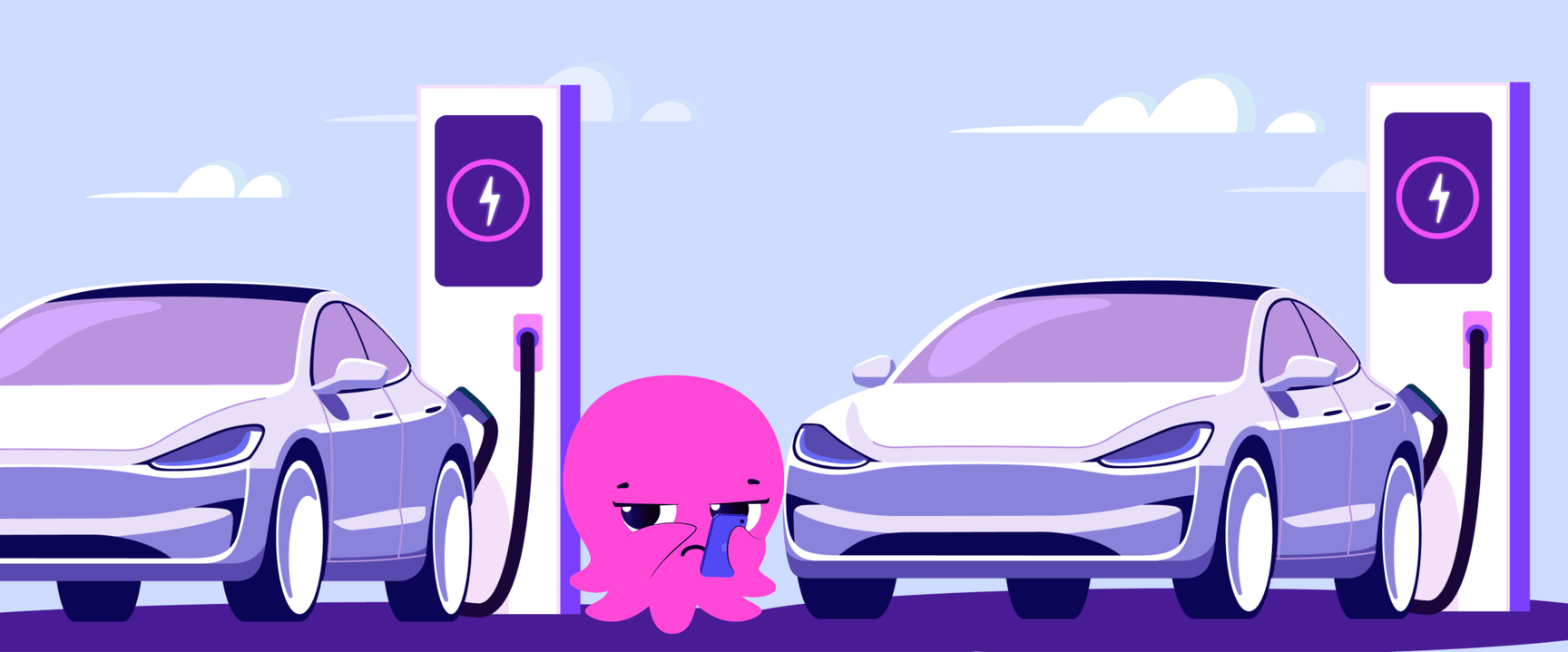 Cartoon octopus using a phone, standing between two charging electric cars under a blue sky with clouds.