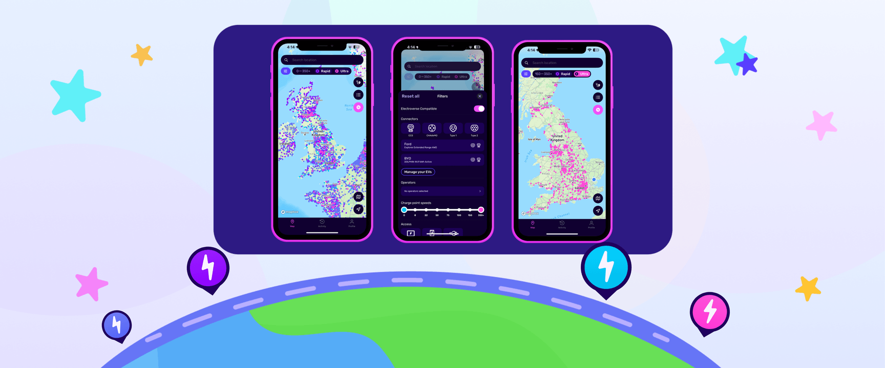 Three smartphones display colorful maps of the UK with charging station icons, set against a starry, abstract background.
