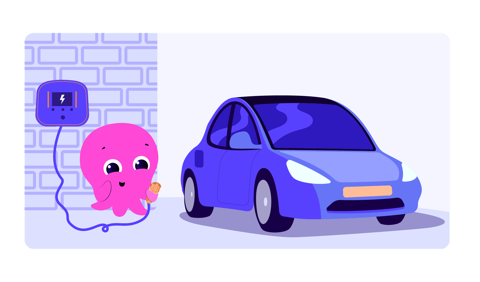 Cute pink octopus holding a charging cable beside a charging blue electric car on a brick background.