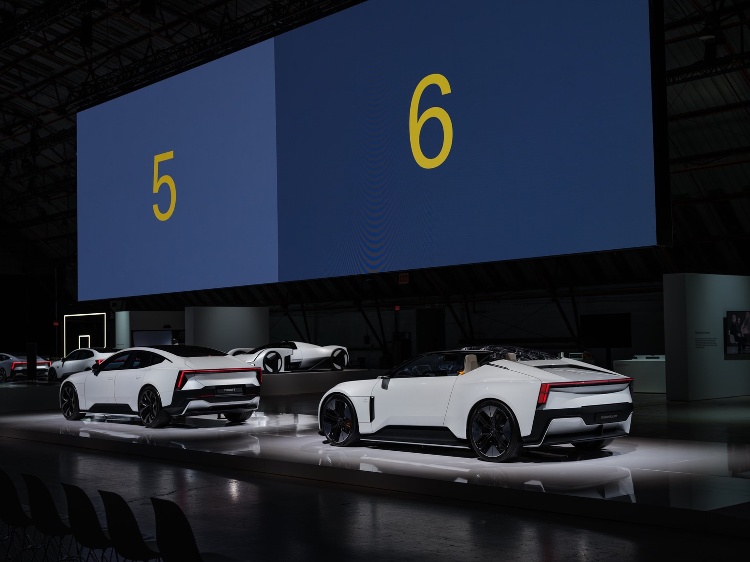 Polestar Day 2023  Foreground: Polestar 5 and Polestar electric roadster concept, previewing Polestar 6  Background: Polestar Synergy model, Polestar 4, Polestar Precept