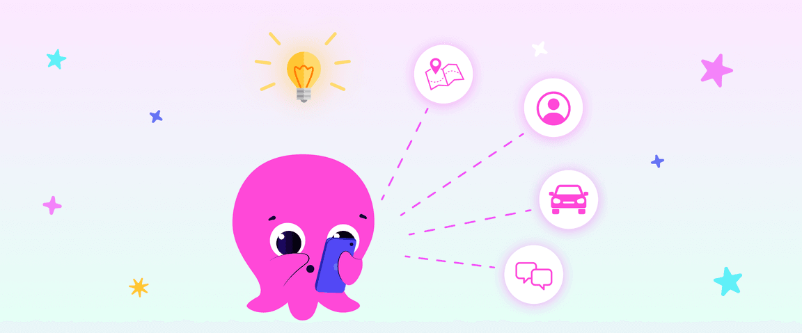 Une pieuvre rose de dessin animé tient un téléphone affichant des icônes représentant une carte, une personne, une voiture et des bulles de conversation. Une ampoule lumineuse apparaît au-dessus.