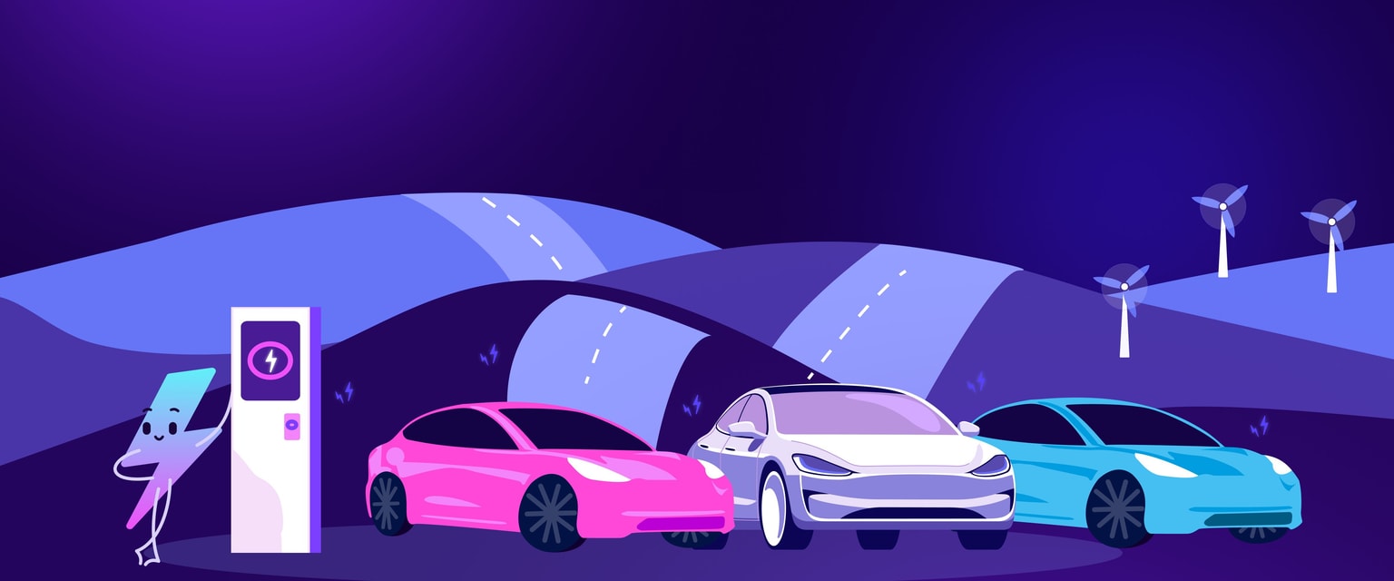 Ilustração de três carros elétricos a carregar numa estação com uma paisagem montanhosa e turbinas eólicas ao fundo.