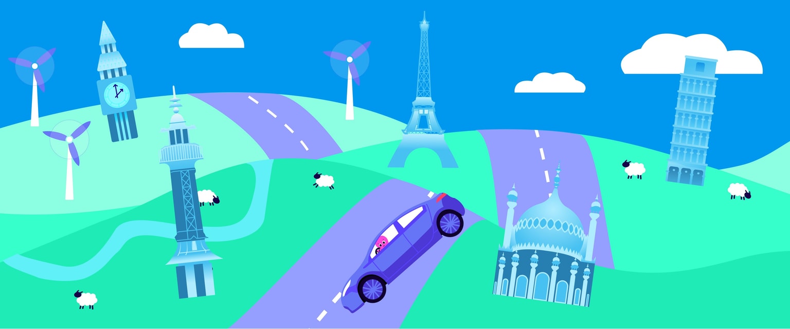 Illustrazione di monumenti famosi, strade, turbine eoliche e pecore sulle colline, con un'auto viola guidata da un polpo rosa sotto un cielo azzurro.