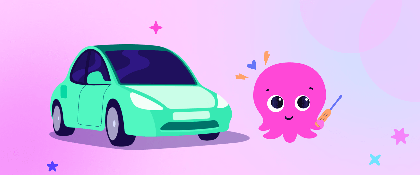 Illustration of a green car and a smiling pink octopus holding a screwdriver, set against a pink and purple gradient background with stars.